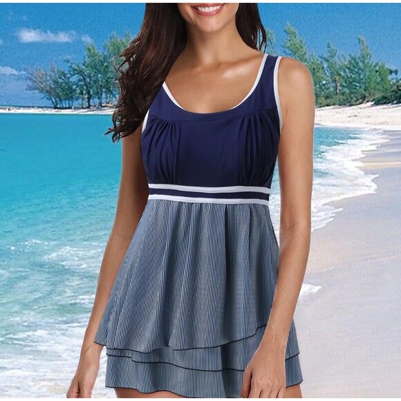 Women’s Tankini Swimsuit with Boy Shorts Two-Piece Ruffle Hem Striped Set - M - Picture 2 of 11